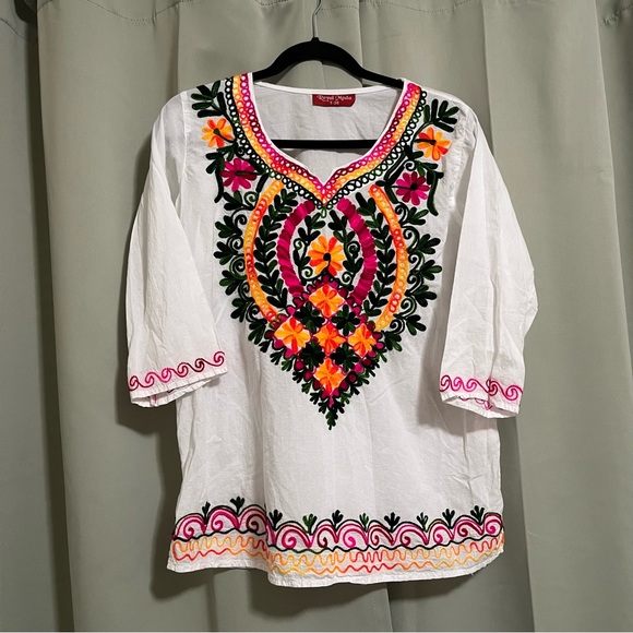 Royal Moda Multicolor Embroidered Floral Boho Tunic Top - Picture 1 of 7